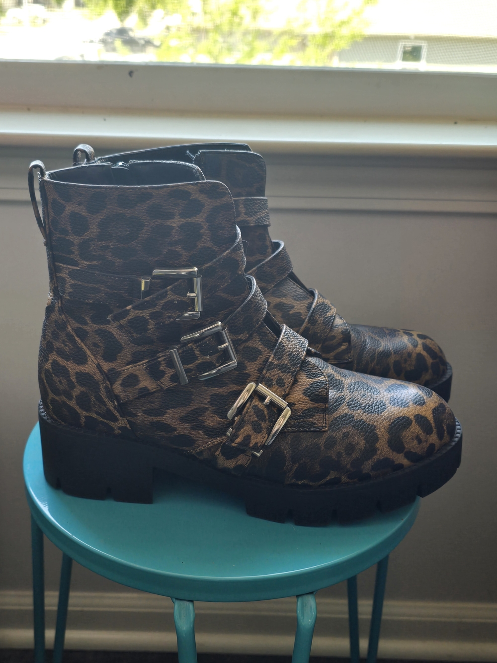 Leopard Print Buckle Ankle Boots - Brown - Picture 3 of 4